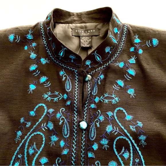 Silk Land Woman Black Silk Longline Blazer Jacket Size 1X Embroidered Tunic - Picture 7 of 15